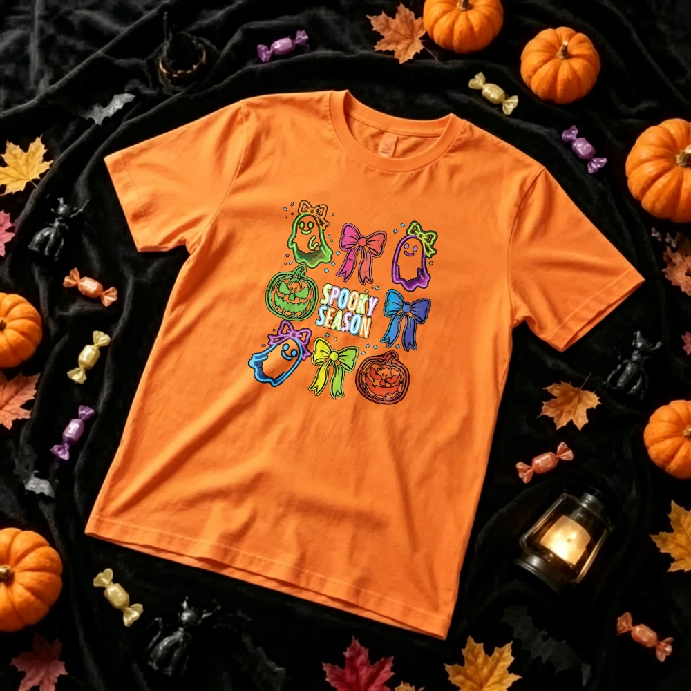 Halloween Spooky Season Graphic T‑Shirt Colorful Neon Ghosts with Bows Jack‑O‑Lantern Cute Glow Style Spooky Print Casual Tops