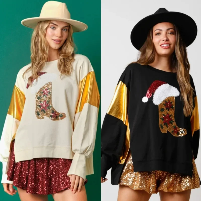 Christmas Boots Sequin Embroidery Top Women Autumn Winter European America Santa Hat Sequin Top Casual Loose Hoodie O-Neck Top