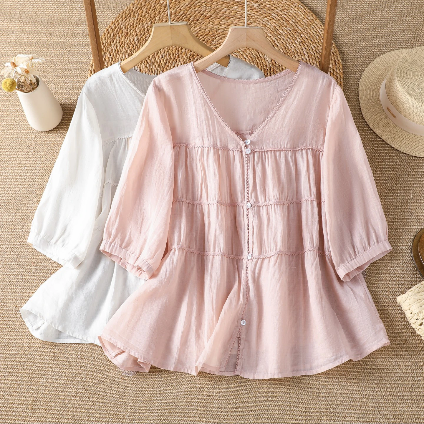 Elegant V-neck Lace Embroidery Shirt Women's Loose Fit Summer New Style Breathable Cotton Lantern Sleeve Top Gathered Hem