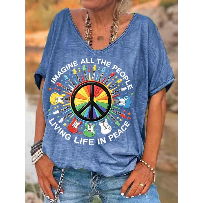 ilstile Women's Hippie Living Life in Peace Print T-Shirts Summer Holiday Short Sleeve T Shirt Casual Loose V Neck Tops Tees
