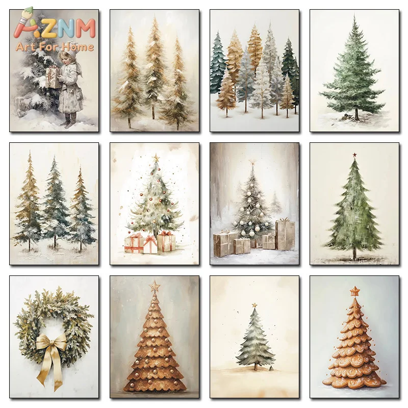 Vintage Winter Christmas Tree Oil Painting Posters and Prints Canvas Printing Wall Art Picture for Living Room Home Decoration