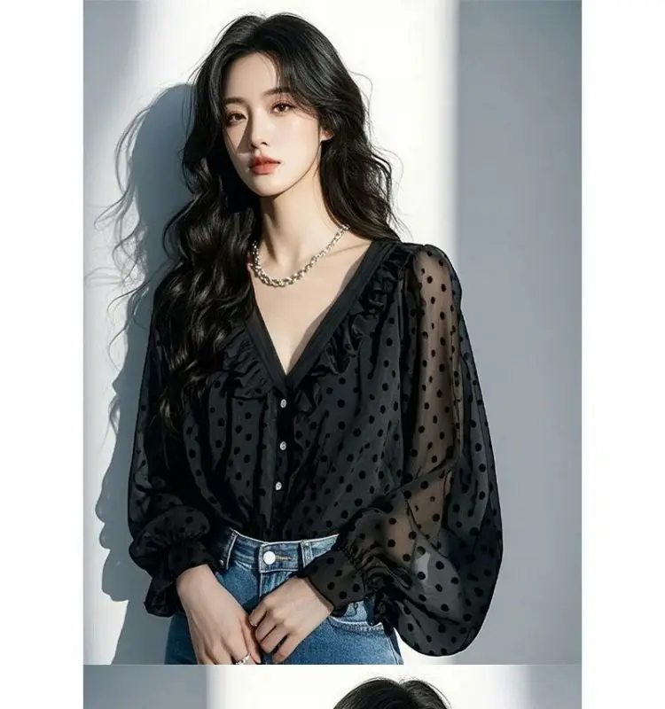 水玉セクシーな黒シフォンブラウスフリル V ネックボタンアップシャツランタンスリーブルーズエレガントなオフィスレディニッチトップスファッション