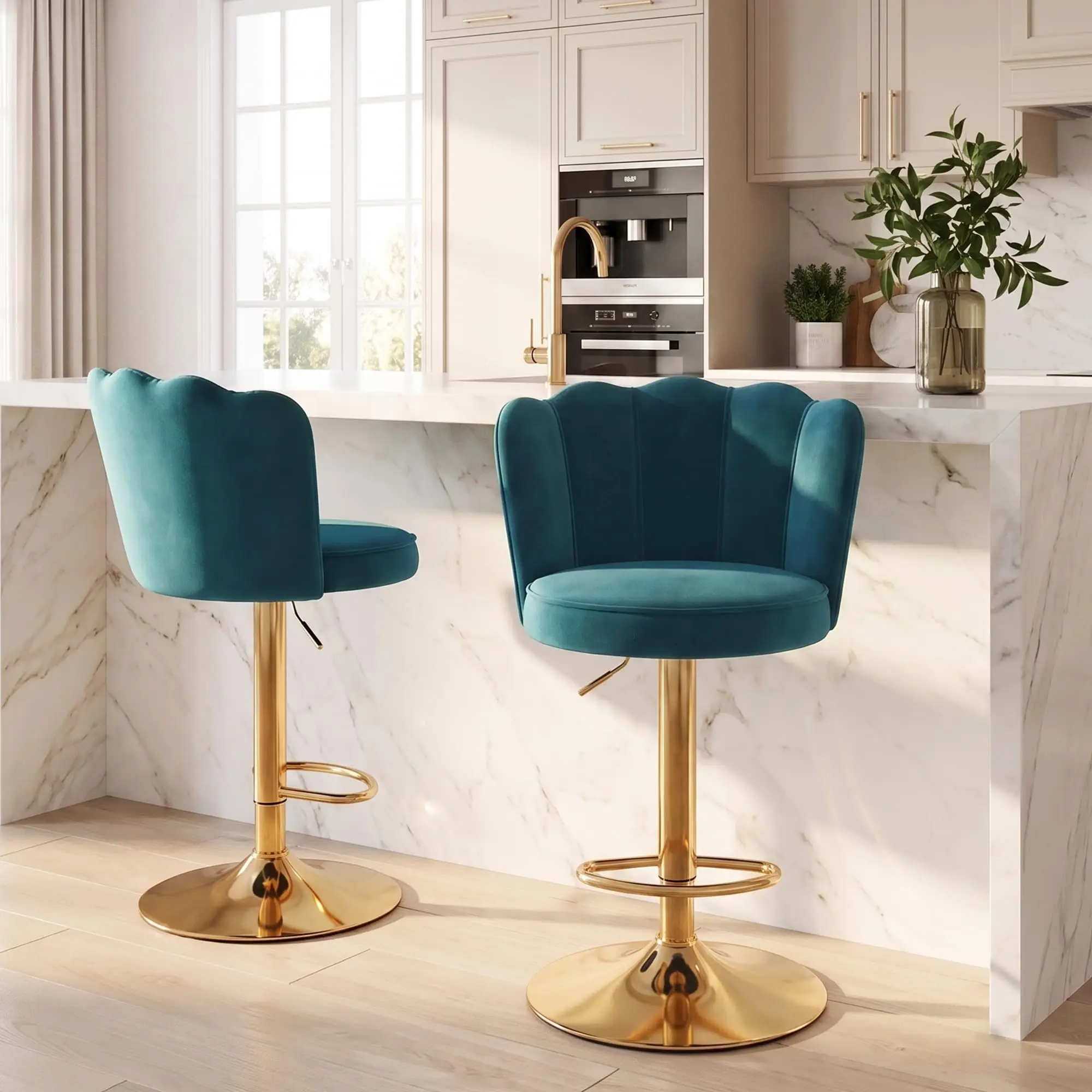 Pink Swivel Bar Stools Set of 2 for Kitchen Island, Velvet Adjustable Counter Barstool Bar Chairs with Back and Golden