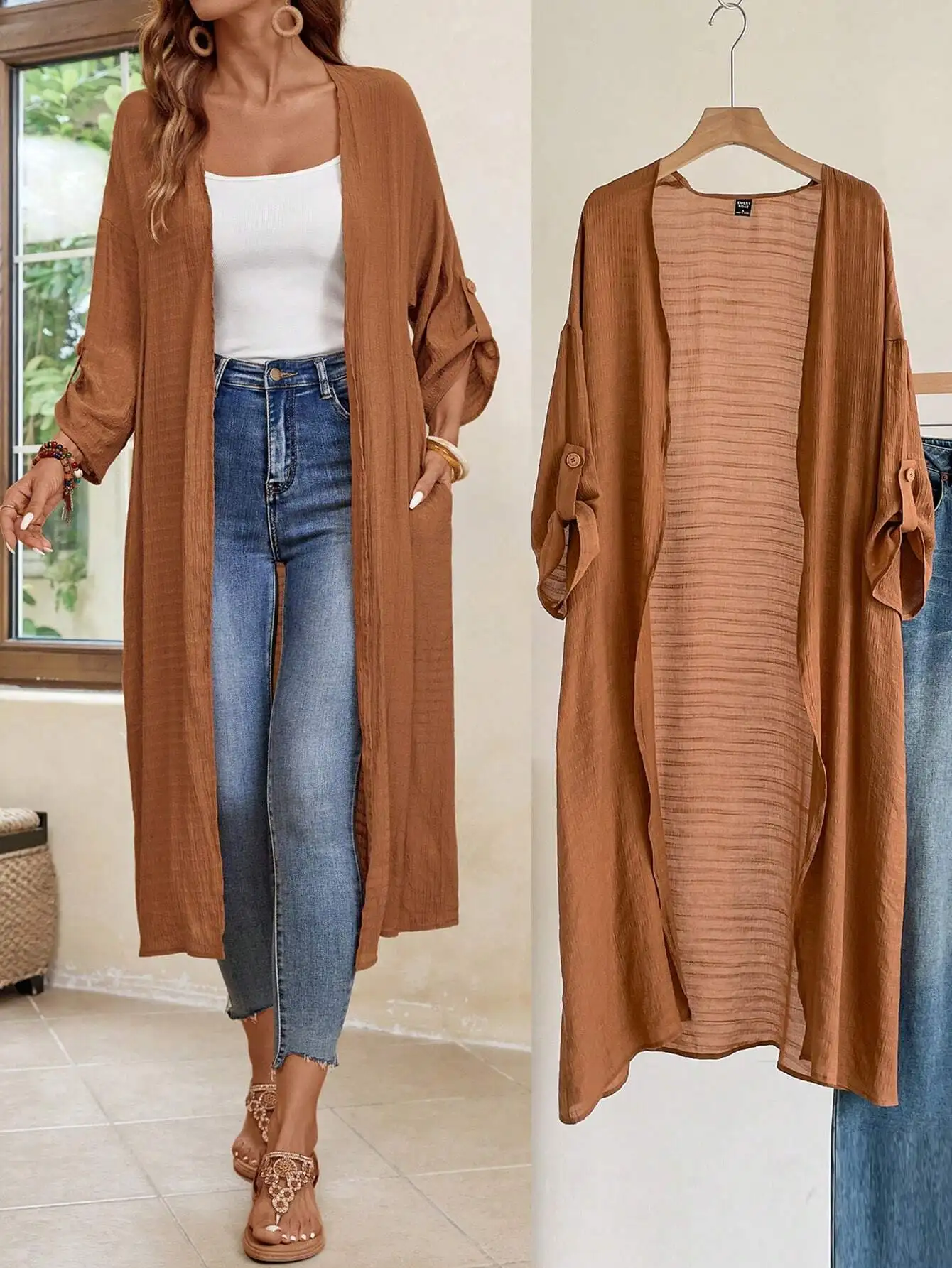 

Женский длинный кардиган-кимоно EMERY ROSE, с открытым передом, с откидными рукавами, повседневный осенний наряд для офиса или выхода в свет