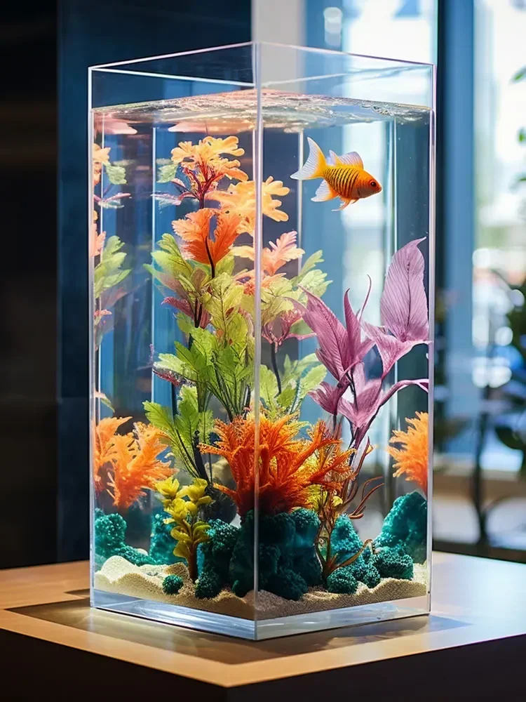 Anti-drop Square Cylindrical Goldfish Tank Transparent Acrylic Household Small Living Room Fighting Fish Turtle Large Aquarium