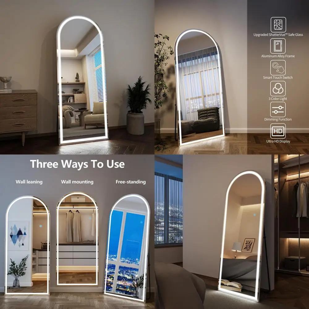Espelho de piso arqueado de comprimento total iluminado por LED, 65x24 com brilho ajustável e 3 modos de cor, espelho de corpo magro em pé