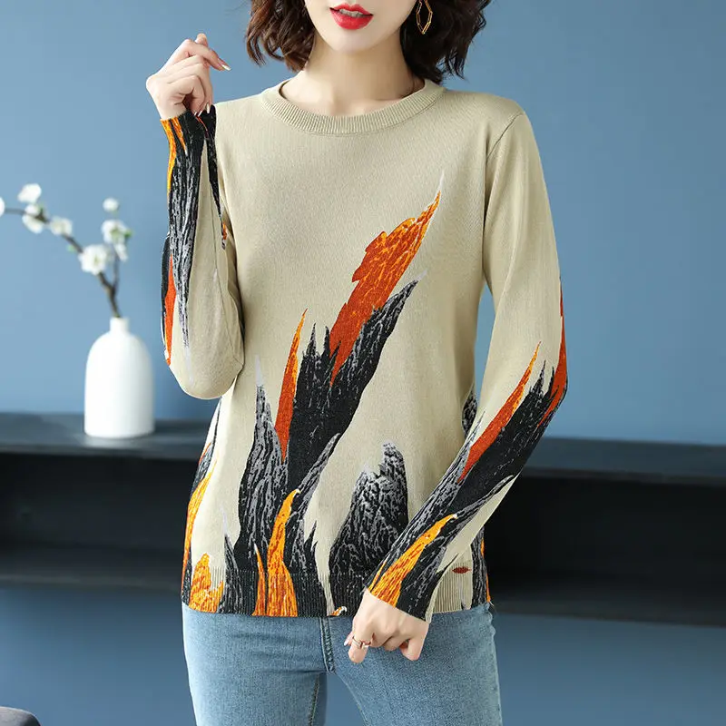 Spring and Autumn Women\'s Printed Knitted T-shirt New Round Neck All-match Vintage Long Sleeve Underlay Tops Female Clothing