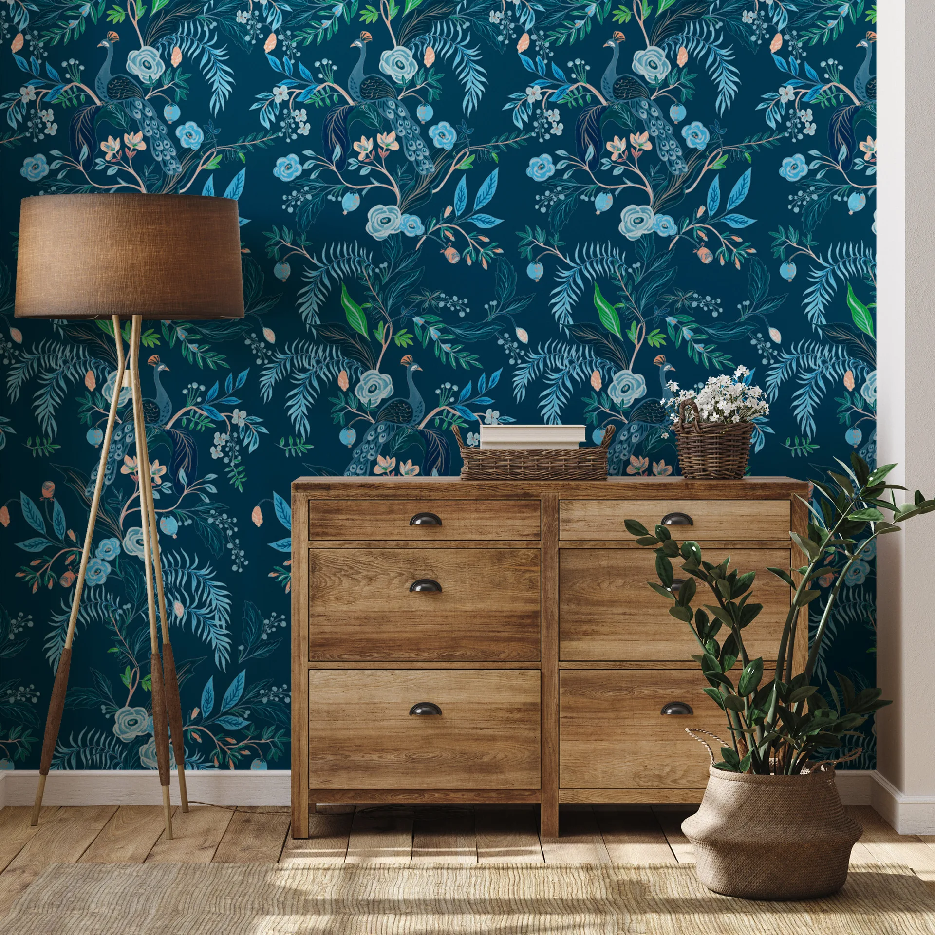 Blue Peacock Peel and Stick Wallpaper Boho Floral Self Adhesive Wall Paper Waterproof Leaf Contact Paper for Cabinet Shelf Liner