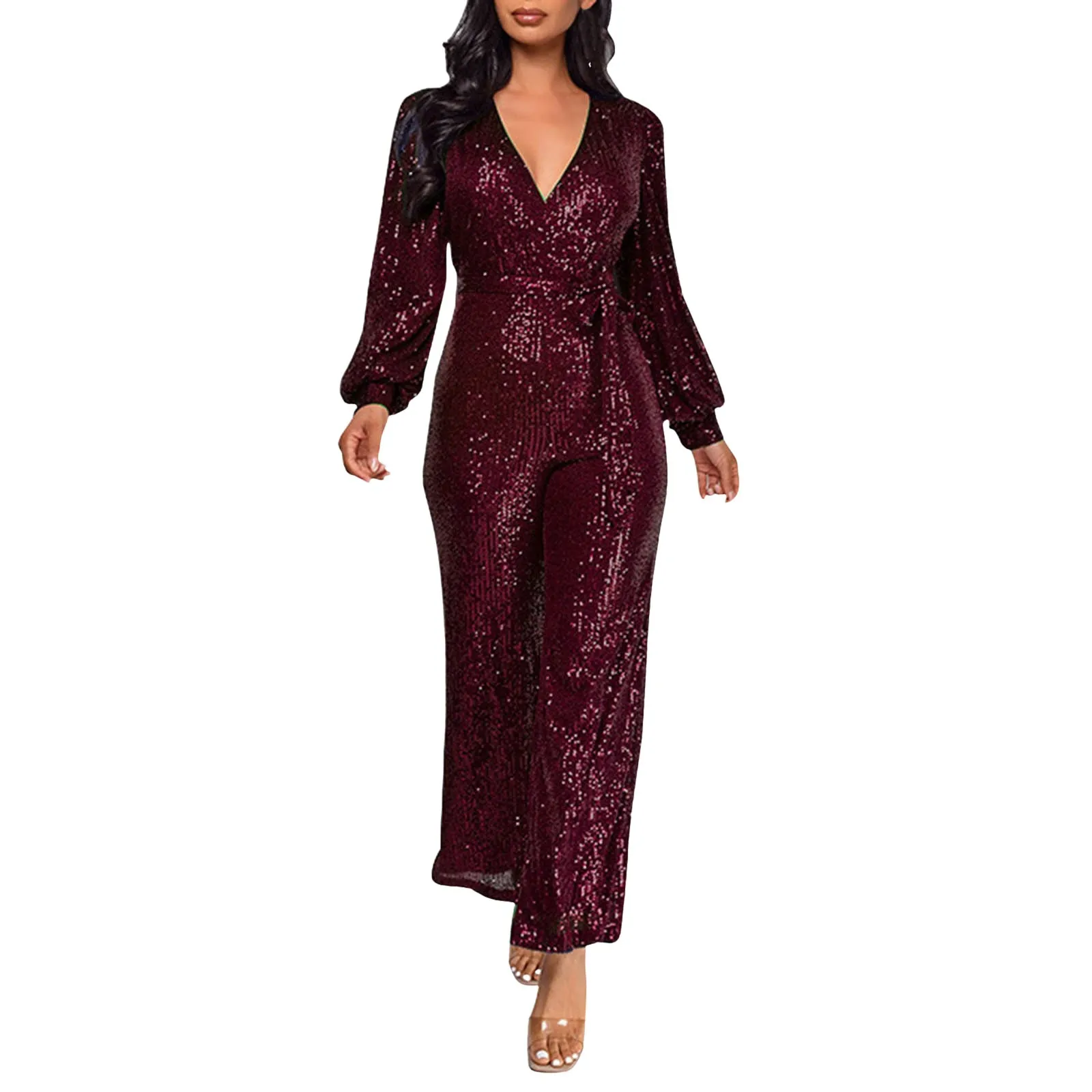 Gold Sequins Women Jumpsuit Casual Long Sleeve V Neck Jumpsuit With Belt Straight Evening Party Wear Female Jumpsuit Overalls