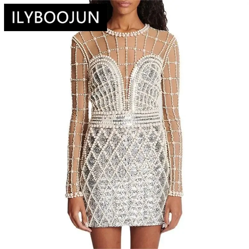 

2024 Europe Style Fine Workmanship Beading Long Sleeve Round Neckline Women Sexy See-through Gauze Patchwork Mini Dress