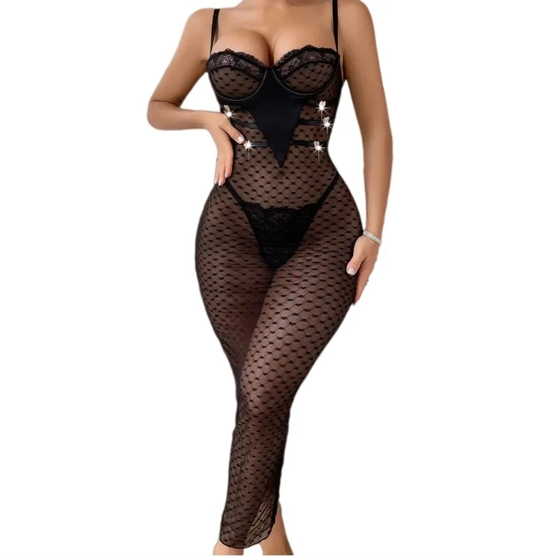New Lace Nightgown Hot Sexy Exotic Lingerie Sets for Women Heart Polka Dots Lace Trim Wrapped Chest Strap Exotic Dress Underwear