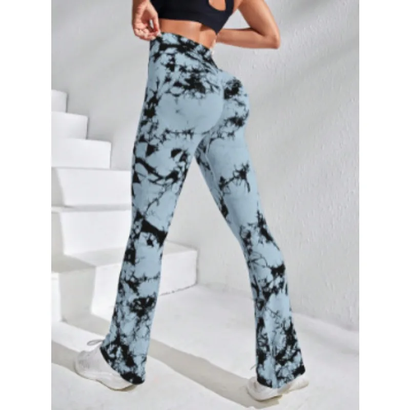 Women Tie Dye Flared Pants Knit Seamless Leggings High Waist Butt Lift Fitness Pants Gym Yoga Cycling Skinny Stretchy Leggings