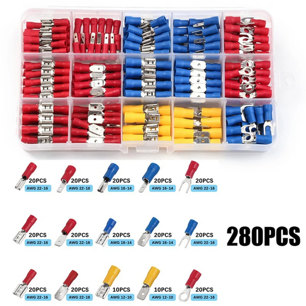 280PCS Assorted Spade Terminal Insulated Spade Terminal Connectors Crimp Terminal Kit with 1PC Wire Crimp Plier