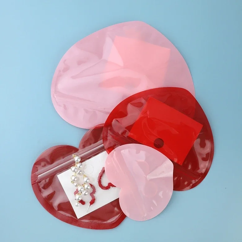 10Pcs Resealable Heart Shape Flat Plastic Zip Lock Bags Front Clear Valentine Candy Jewelry Gifts Hairpin Storage Pack Pouches