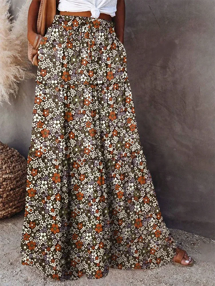 

Boho Floral Print Long Elastic Waist A Line Skirt With Pockets