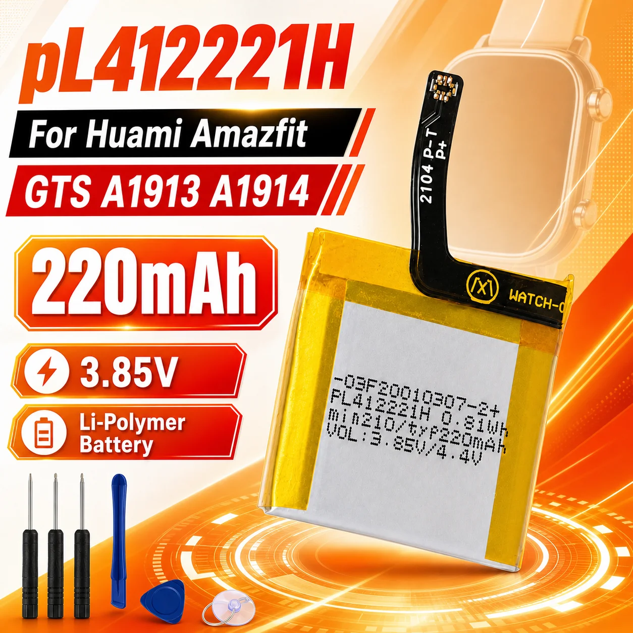 Smartwatch A1914 - Smartwatch-Ersatzakku PL412221H 412221 220mAh für Huami