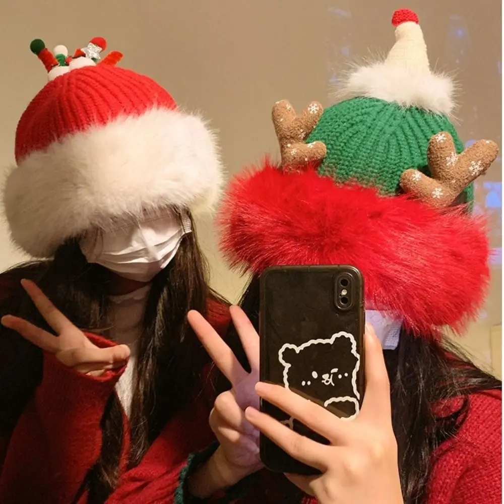 Gifts Red Antler Christmas Hat Cute Winter Hat Fluffy Fleece-lined Earmuffs Cap for Women