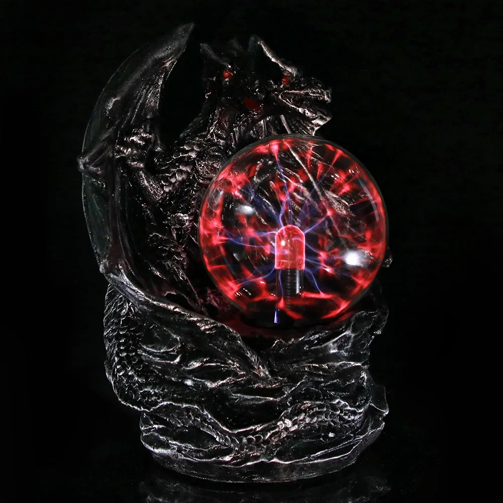 Gothic Sculpted Two Head Dragon Statue, Resin Dragon Figurine Ornament with Glowing Plasma Sphere Desktop Decoration