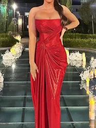 Mozision Off-shoulder Strapless Sexy Maxi Dress For Women Fashion Red Sleeveless Backless Thigh High Split Bodycon Club Dress