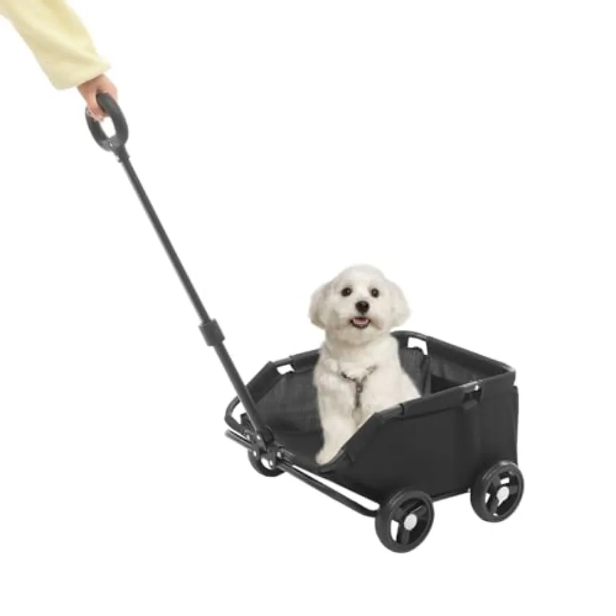 

Folding Dog Wagon Cart for Walking and Travelling, Steel Frame with Black Polyester Fabric, Black, 4-Wheel Stability, Side Stor