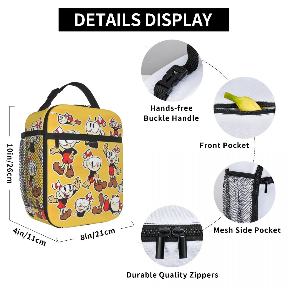 Grande Jogo Retro Batalha Cuphead Isolados Lunch Bags, portátil Recipiente Refeição, Tote Térmica, Lancheira, Piquenique de Praia, Menino e Menina