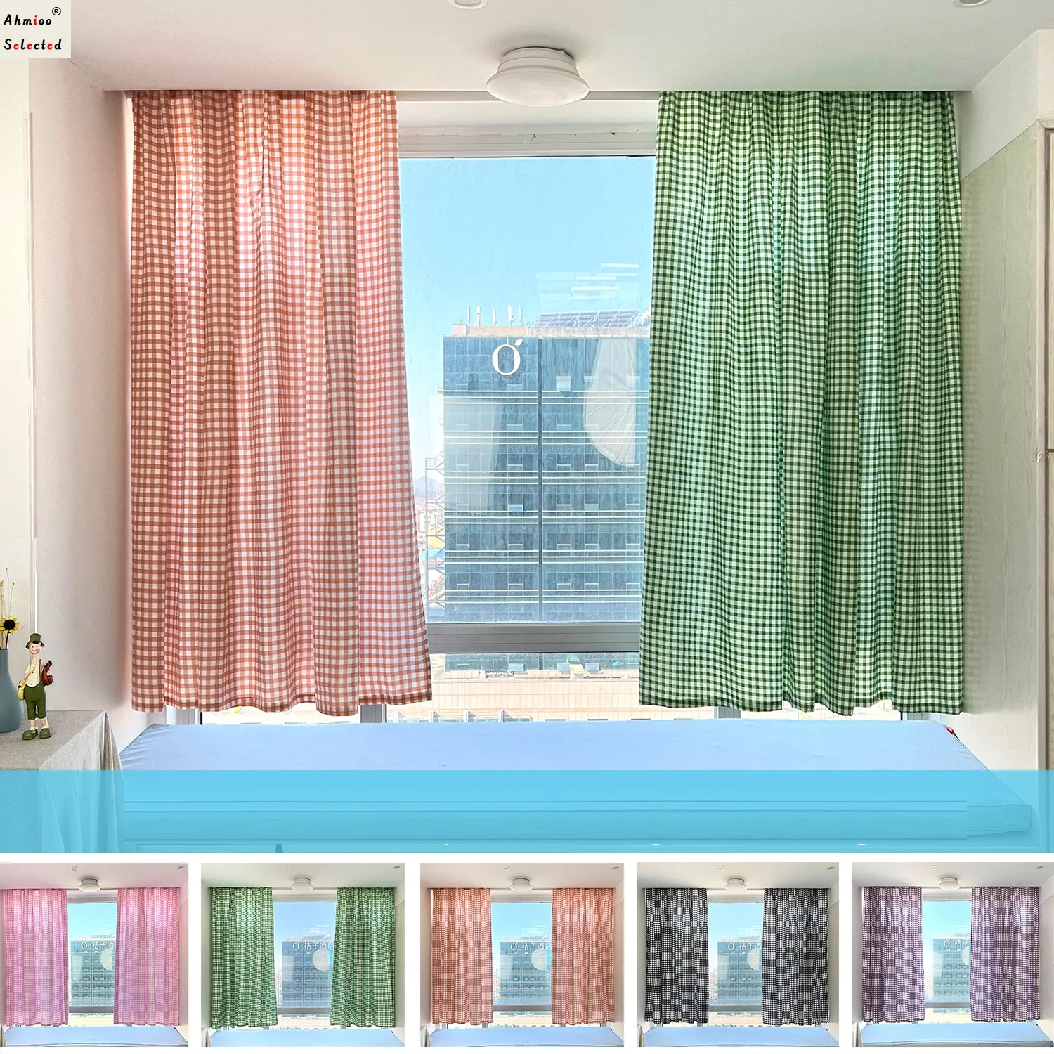 Holes Free Plaid Semi Sheer Curtains Light Filtering Refresh Yellow&White Voile Checkered Curtain for Bedroom Cafe Rent House