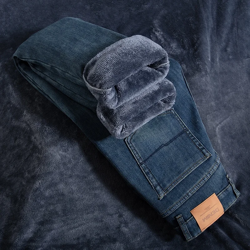 

Winter Warm Velvet Lining Jeans Fashionable High Waist Stretch Windproof Cold-resistant Thickened Fleece Denim Casual Trousers