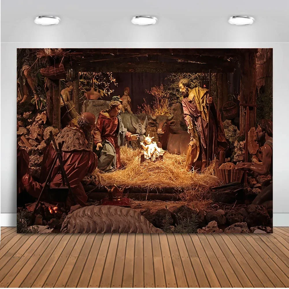 7x5FT Old Wood Shepherd Christ Jesus Birth Nativity Xmas Outdoor Weatherproof Photo Background Wrinkle Free Polyester Polycotton