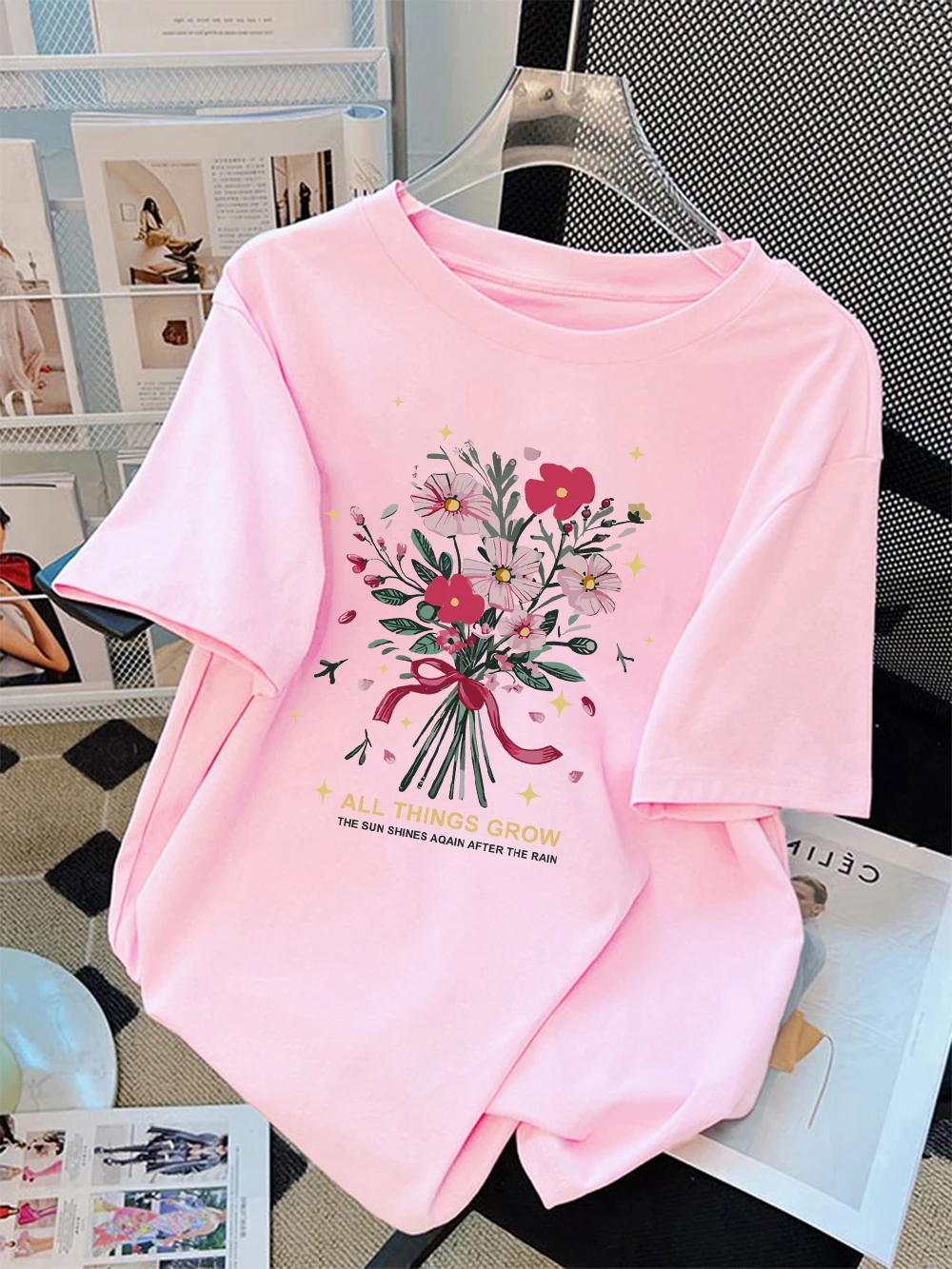 Summer T-Shirts Women Cotton All Things Grow Beautiful Flowers Print Tops Loose O-Neck Soft Comfortable T Shirt Casual Clothes