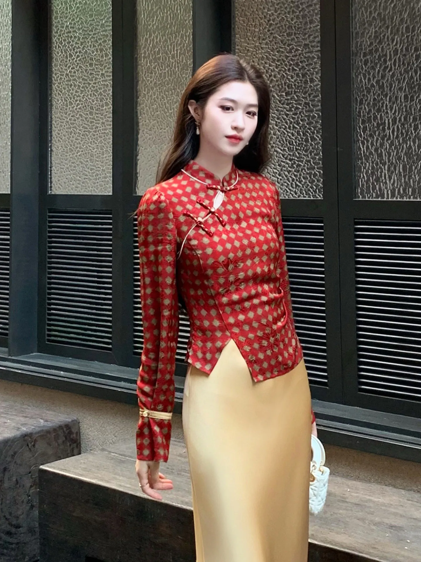 

Long Sve Slim Fit irt Red Qipao Collar Women's Autumn Winter Faion Chinese Sle Printed Top Quali Ladies' Clothing