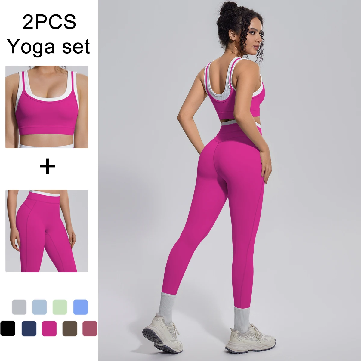2PCS Yoga Set Woman Gather Shock-absorbing Running Yoga Tank Bra Color Blocking Breathable Push Up Yoga Pants Sports Gym Set
