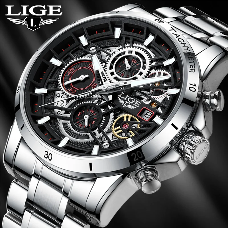 

LIGE Sport Men Watch Top Brand Luxury Stainless Steel Quartz Wrsit Watch Men Hollow Waterproof Chronograph Relogio Masculino+Box