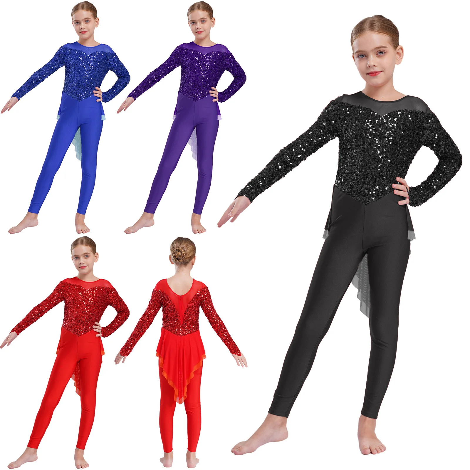 Kids Girls Rhythmic Gymnastics Leotard Shiny Sequins Long Sleeve Ballet Dance Skirted Bodysuit Costume Figure Skating Jumpsuit