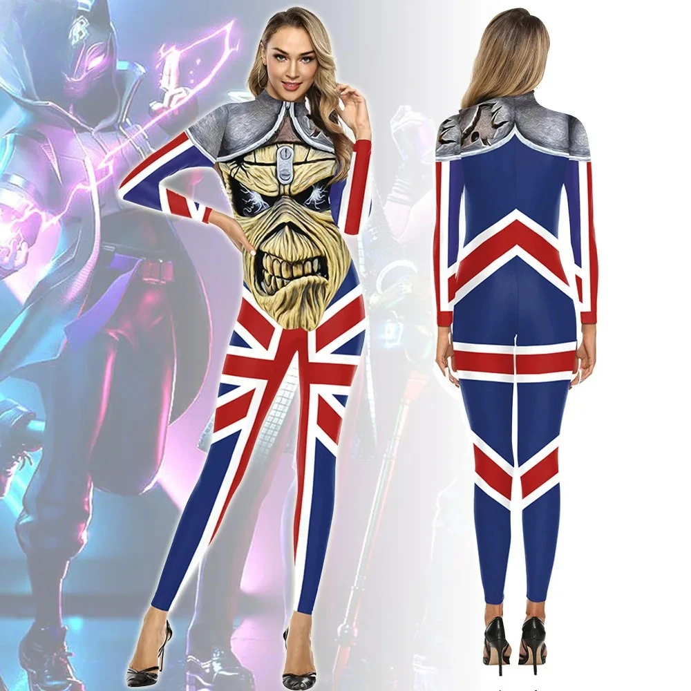 

Women's Union Jack Themed Cosplay Bodysuit - Full-Body UK Flag Print Outfit with Decorative Chest Armor & Emblem