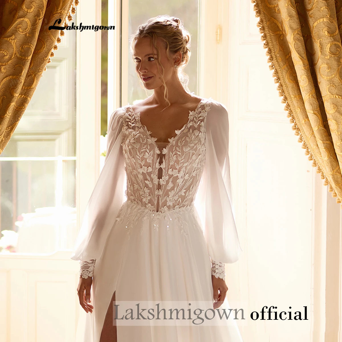 Lakshmigown Boho-Brautkleid mit langen Puffärmeln, Spitzenapplikationen, hohem Schlitz und Chiffon, Vestido De Novia, maßgeschneidert – Detail 7