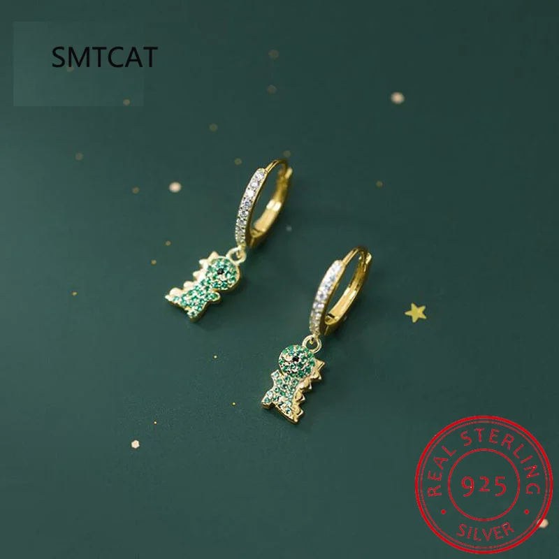 Green Simulated Nano Emerald 925 Sterling Silver Animal Dinosaur Hoop Earring for Women Luxury Gemstone Jewelry Wedding Gift