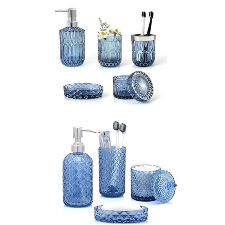 Set di accessori da bagno in cristallo, set di dispenser per lozioni blu da 9 pezzi, portasapone, portaspazzolino, bicchiere, vasetti per tamponi di cotone