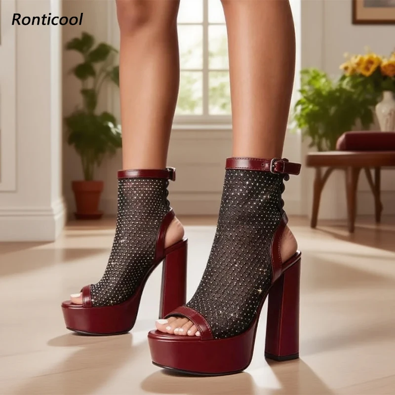 

Женские бордовые сандалии ручной работы Ronyicool на платформе — женские туфли на каблуке со сверкающей сеткой и ремешком на щиколотке, размер США 5–20