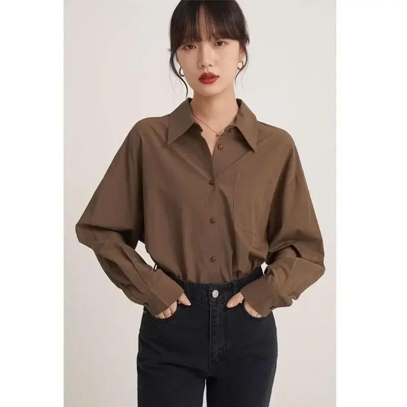 

Vintage Brown Shirts Women Blouses Office Wear Long Sleeve Elegant Ladies Casual Korean Fashion Loose Autumn Shirts