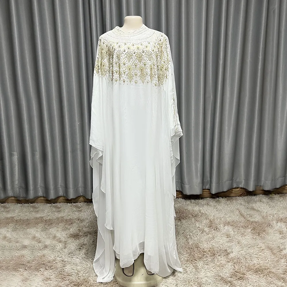 

Elegant Luxury Diamonds White Chiffon Abaya Long Dresses For Women Casual Rhinestone Beaded Boubou Robes Two Ways To Wear Dress