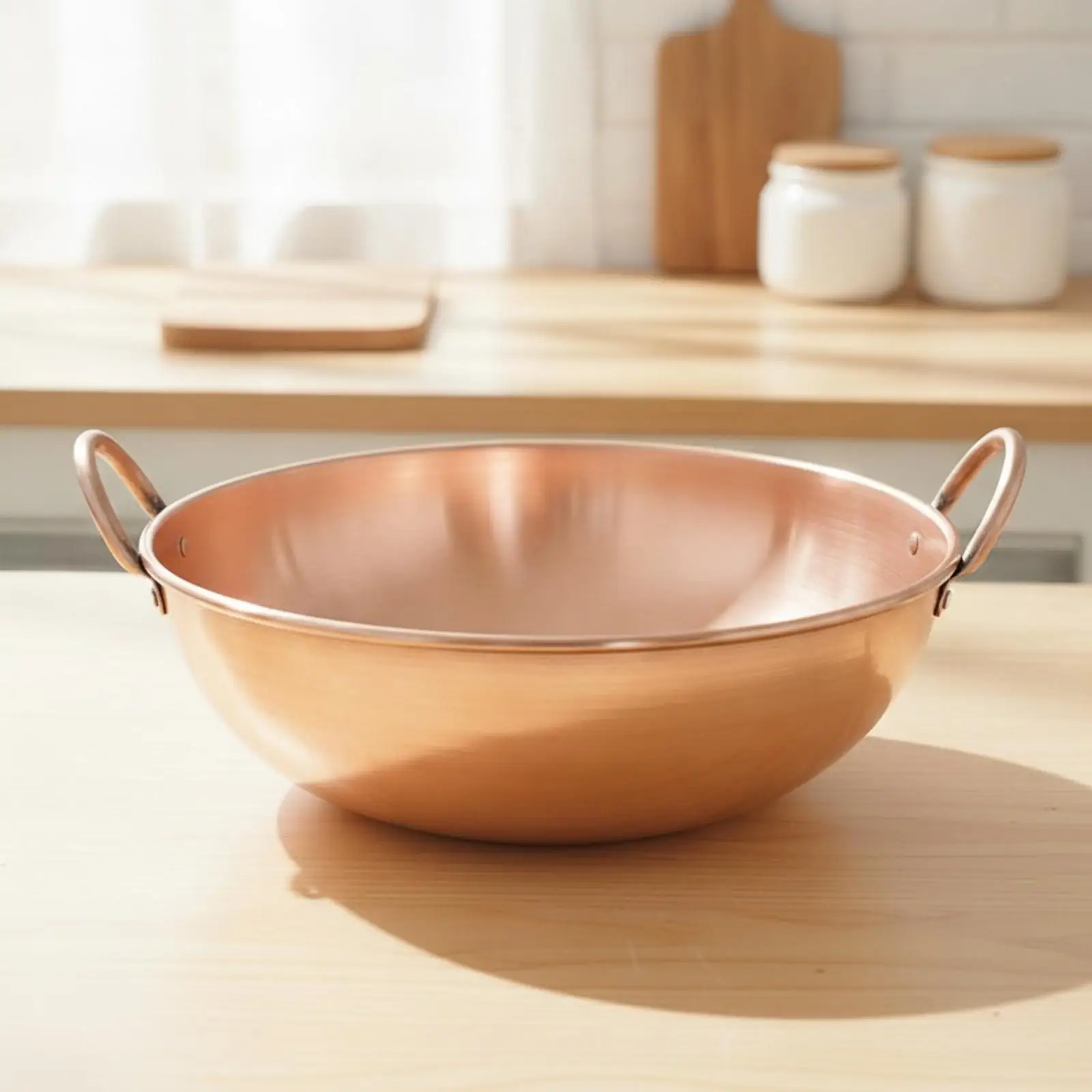 Round Copper Wok Pan Flat Bottom Stovetop Cookware for Frying Sautéing Meals Daily
