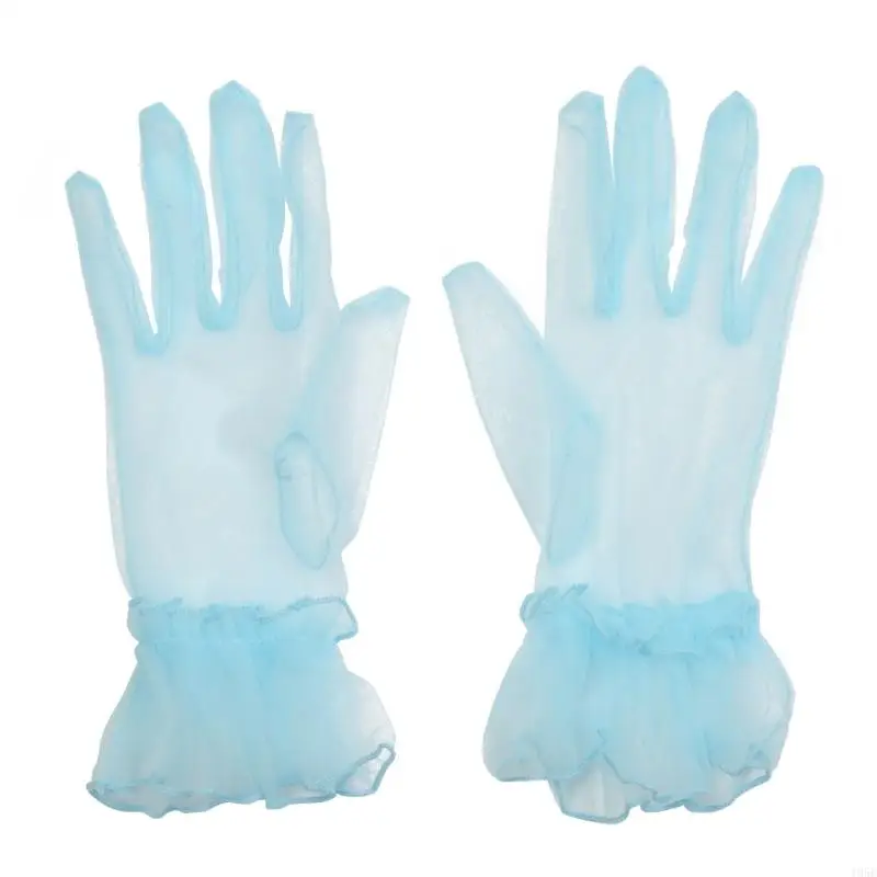 195E Short Full Finger Lotus Leaf Brim Gloves Party Gloves Wrist Length Tulle Gloves