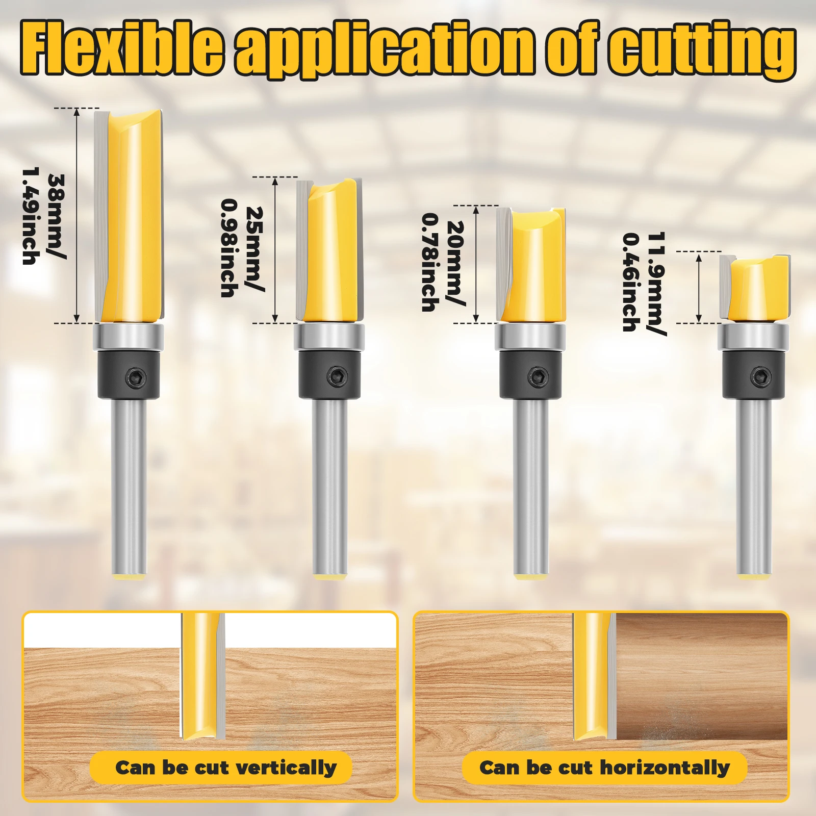 4Pcs Top Bearing Flush Trim Router Bit Set Carbide Flush Cut Router Bit 1/4 Inch Shank Wood Trimming Cutter for Woodworking