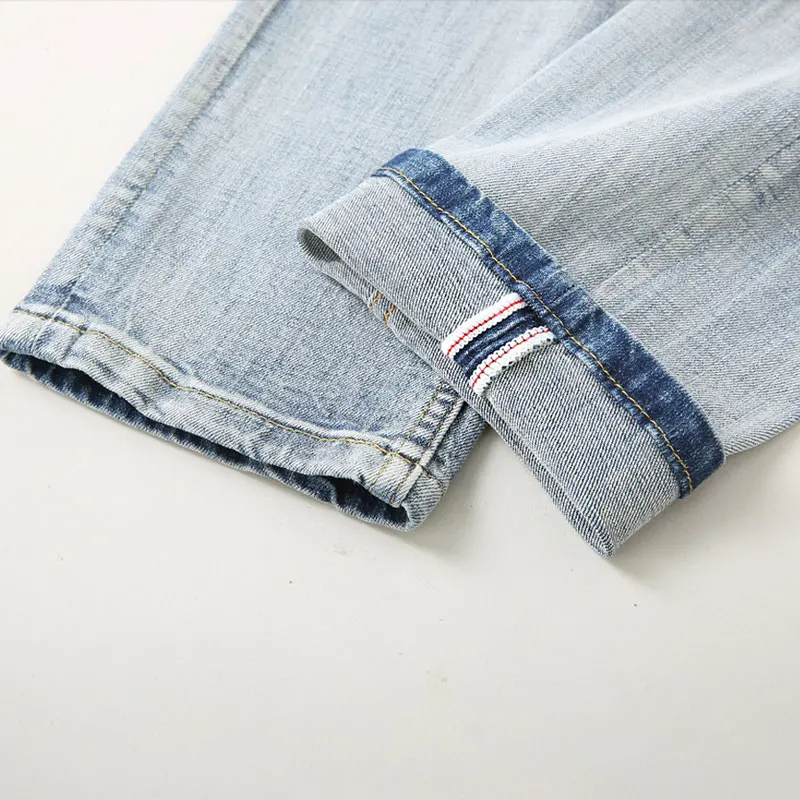 Fashion Designer Men Jeans Retro Light Blue Elastic Stretch Slim Ripped Jeans Men Patchwork Vintage Casual Denim Pants Hombre