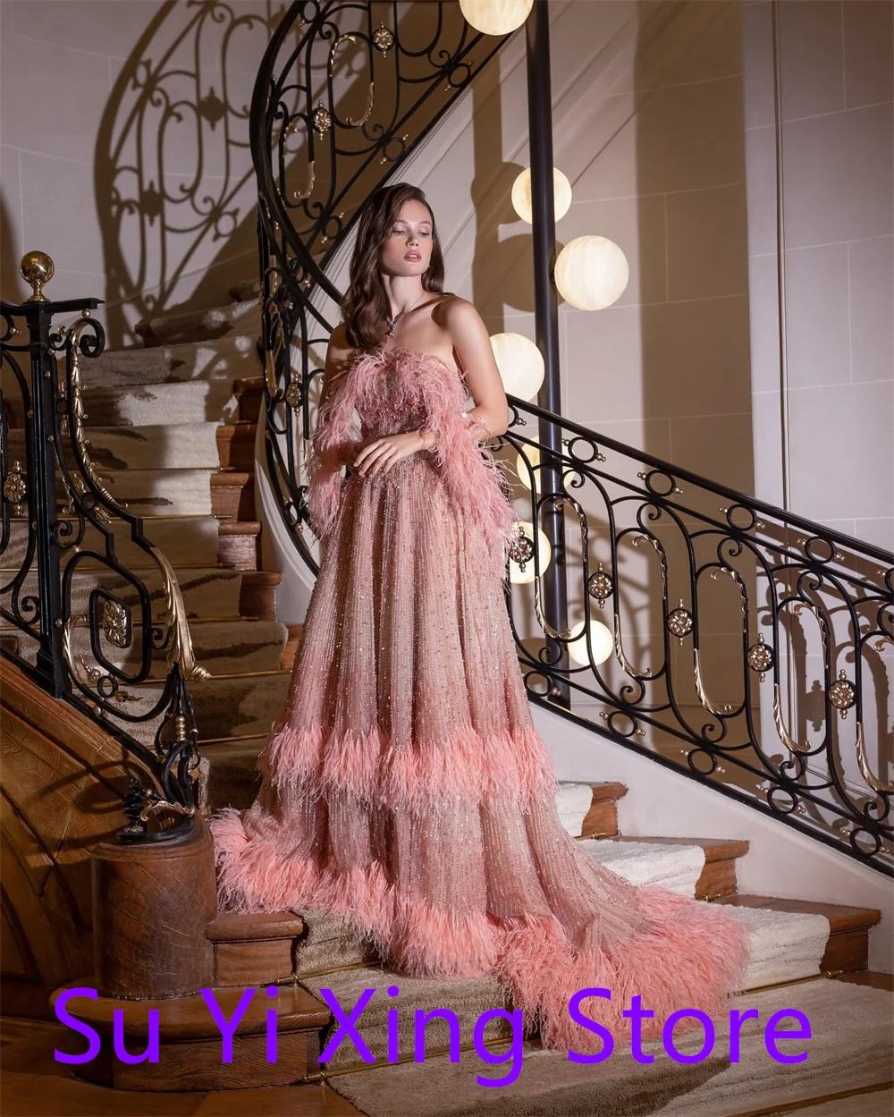 تخصيص رائعة الوردي الشيفون فساتين المشاهير حساسة حمالة شرابة شال المتدرج عارية الذراعين مخصص رداء دي سواريه