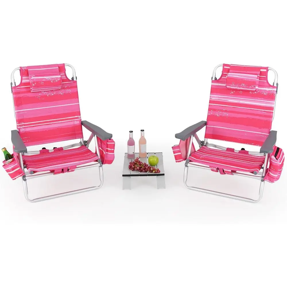 Sillas de Playa Portátiles con Reposabrazos, Bolsa Térmica, Portavasos, Barra para Toallas, Bolsillos Laterales y Tumbona Plegable con Mesa, Pin
