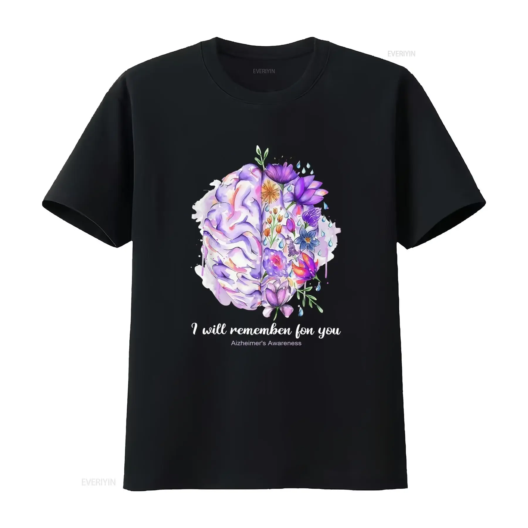 Alzheimers Awareness T Shirt Purple Brain Flower Design Alzheimer's Fight I Will Remember For You vintage Washed homme Casual
