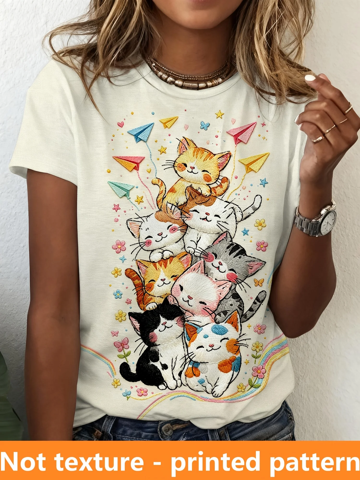 Women's T-shirt Stacked Kittens Paper Plane Rainbow Print Round Neck Short Sleeve Summer Street Casual Ladies Clothing