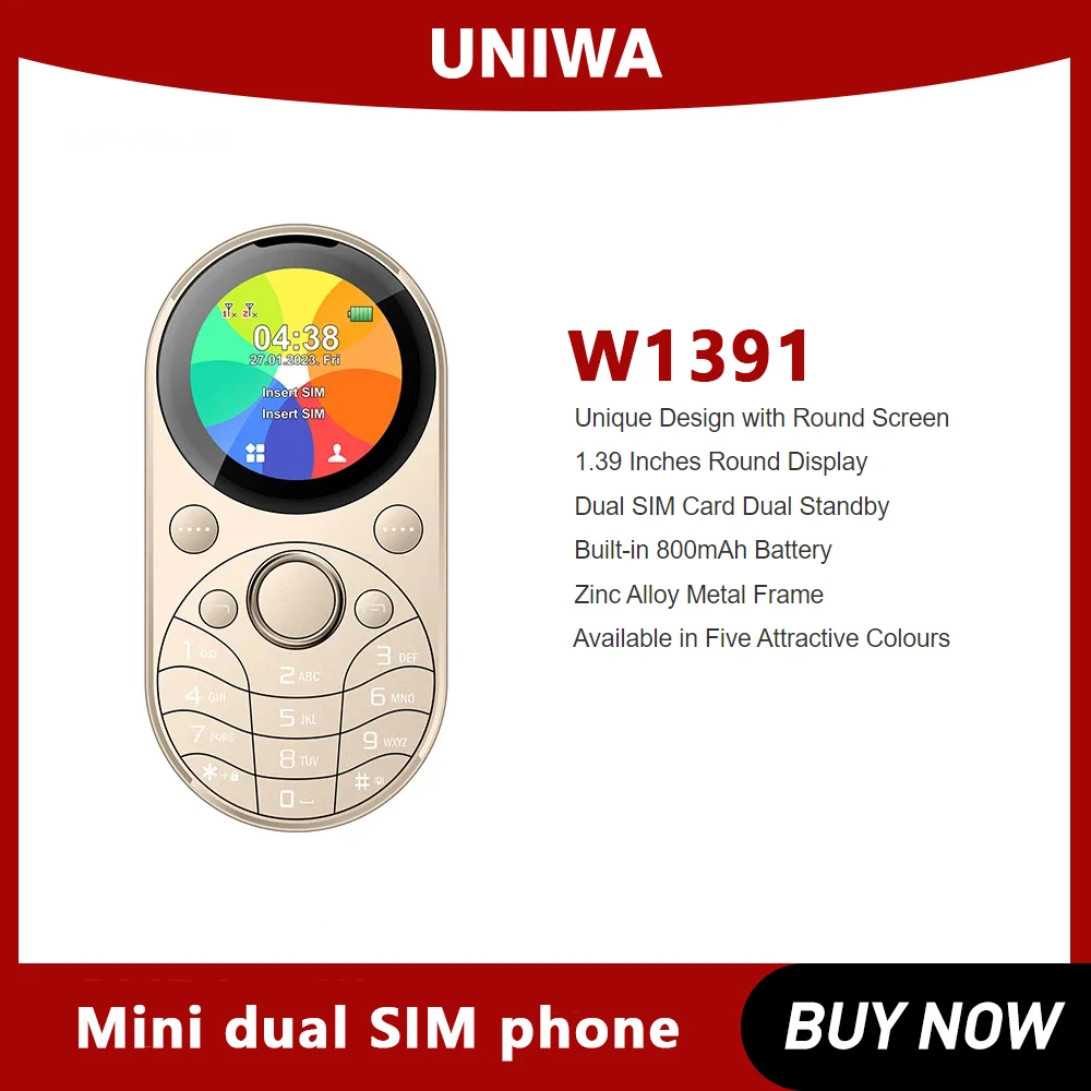 UNIWA W1391 Keypad badan logam, ponsel Mini layar LCD bulat 1,39 ", SIM ganda GSM MP3 MP4, Radio nirkabel