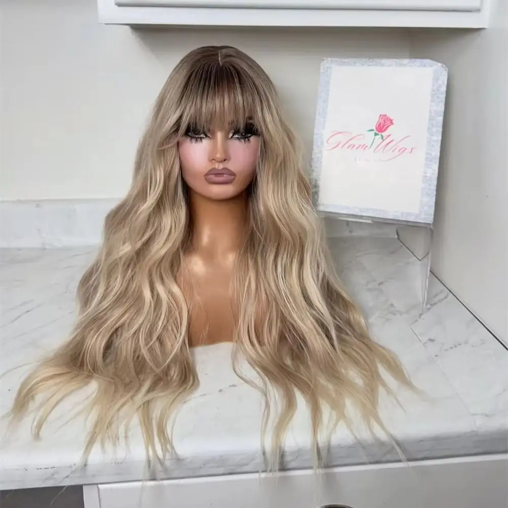 28 Inches Ombre Ash Blonde Brown Highlights Synthetic HD Lace Front Wig with Bangs Woman Wigs Small Large Size Cap Party Cosplay